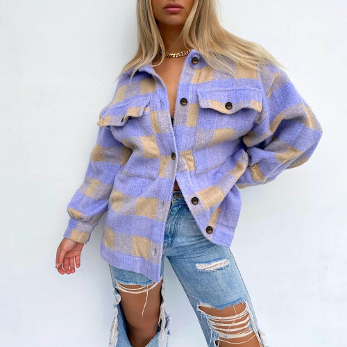 Plaid Print Long Sleeve Wool Casual Loose Fashion Coats