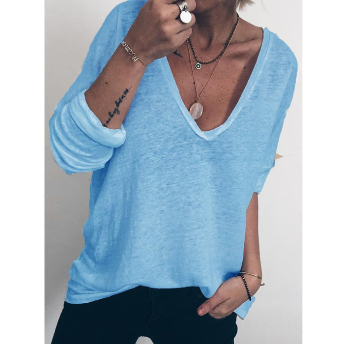 Casual Loose Long Sleeve V-Neck Print Solid Color T-Shirts