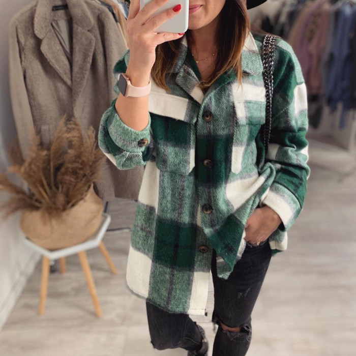 Plaid Print Long Sleeve Wool Casual Loose Fashion Coats