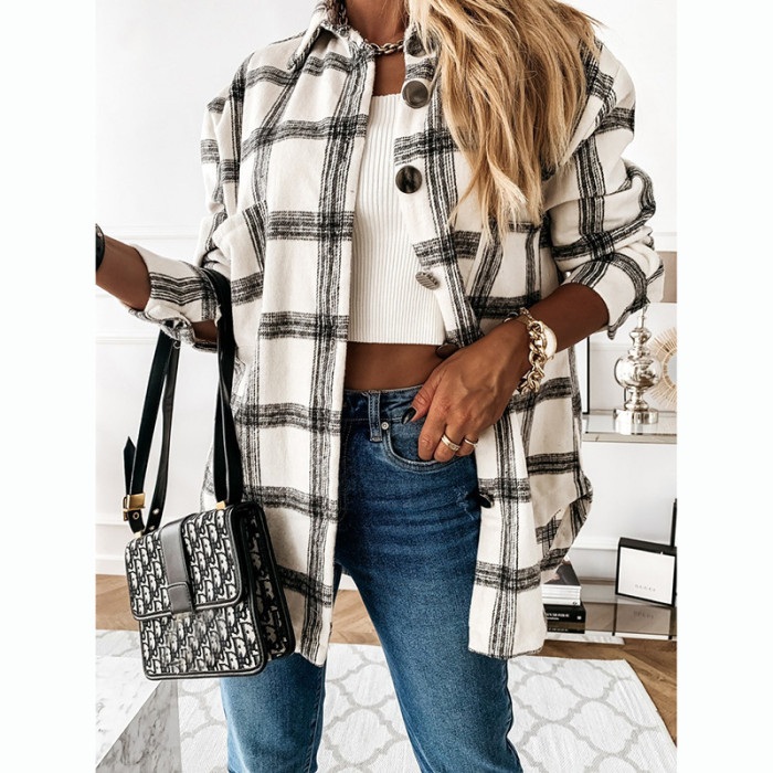 Casual Fashion Check Single Breasted Wool Lapel Coats