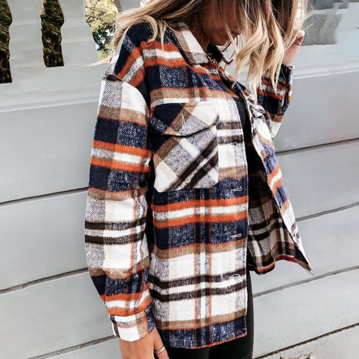 Long Sleeve Lapel Single Breasted Casual Checkered Pattern Coats