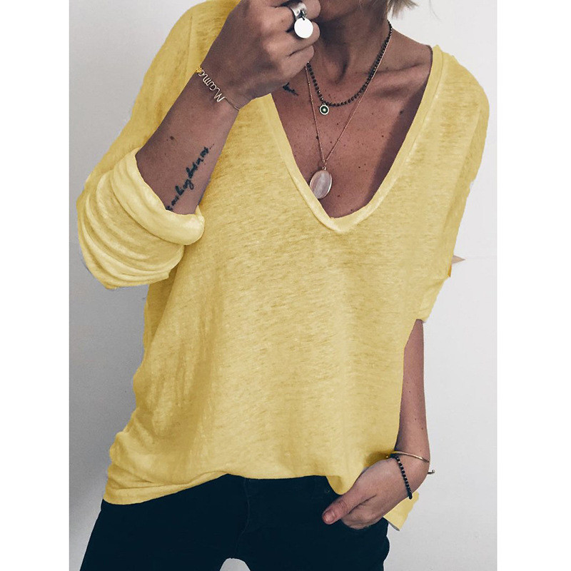 Casual Loose Long Sleeve V-Neck Print Solid Color T-Shirts
