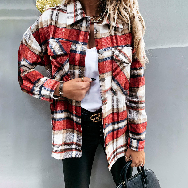 Long Sleeve Lapel Single Breasted Casual Checkered Pattern Coats