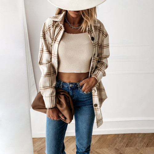 Casual Fashion Check Single Breasted Wool Lapel Coats