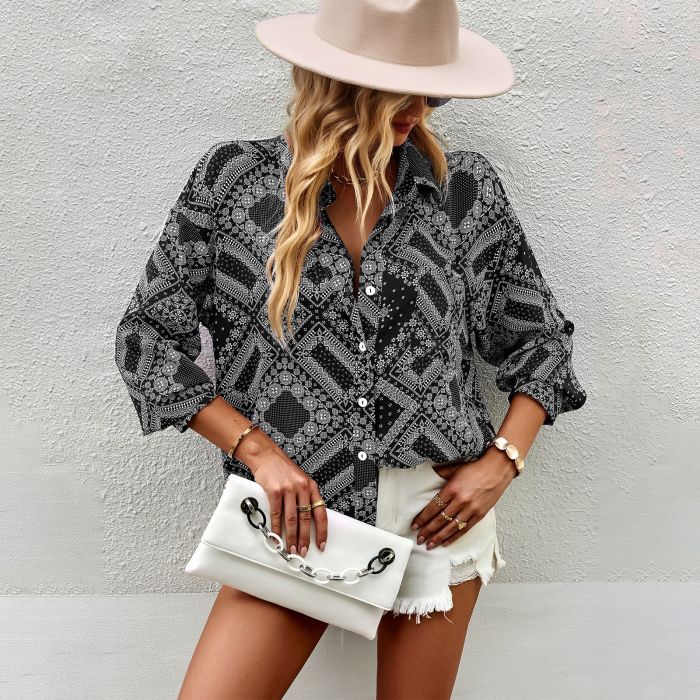 Elegant Lapel Loose Single Breasted Print Blouses & Shirts