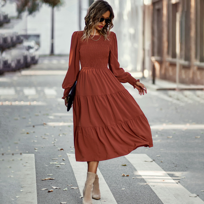 Casual Neck Waist Solid Long Sleeves Round Neck High Waist Midi Dresses