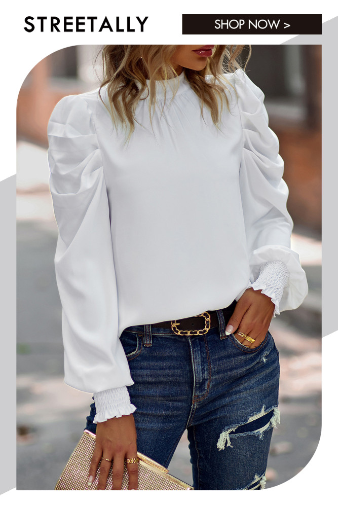 Solid Color Puff Sleeves Elegant Commuter Casual Turtleneck Blouses & Shirts