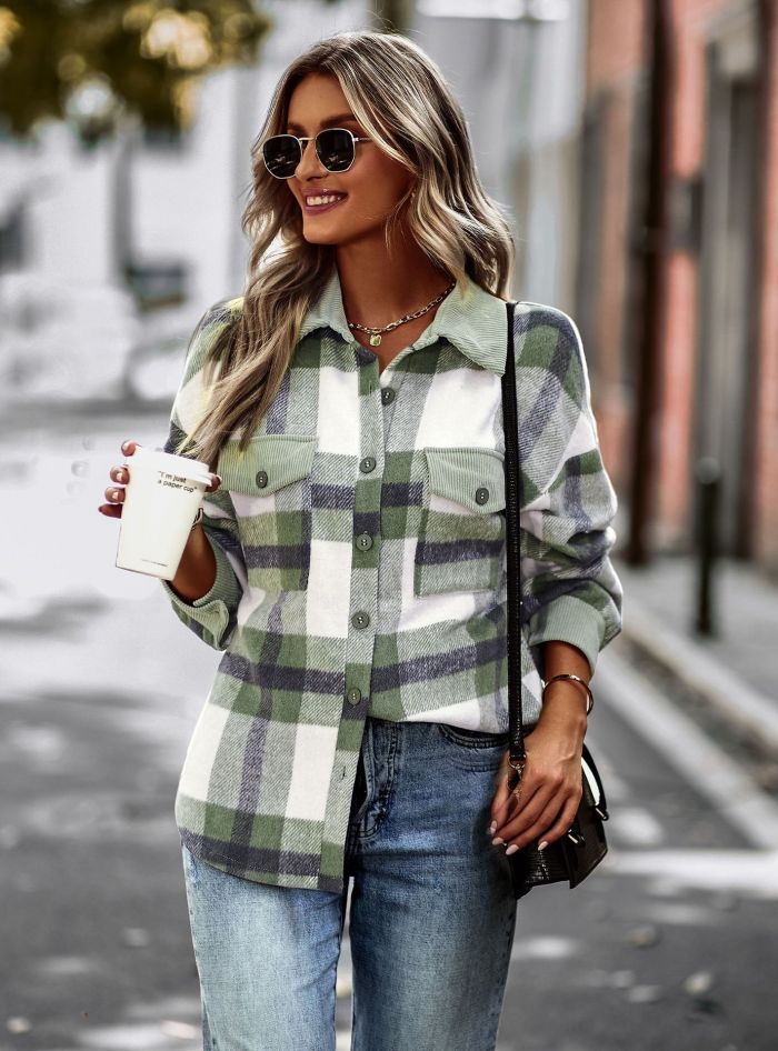 Casual Plaid Reversible Brushed Lapel Single Breasted Coats