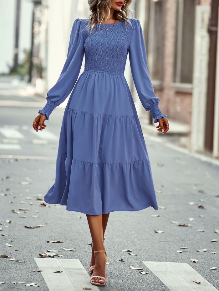 Casual Neck Waist Solid Long Sleeves Round Neck High Waist Midi Dresses