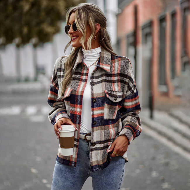 Lapel Single Breasted Plaid Long Sleeves Casual Coats