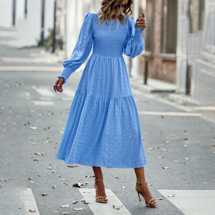 Fashion Swing Solid Color Long Sleeves Round Neck High Waist Maxi Dresses