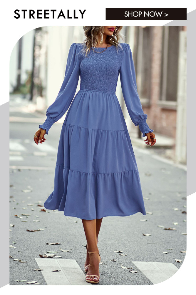 Casual Neck Waist Solid Long Sleeves Round Neck High Waist Midi Dresses