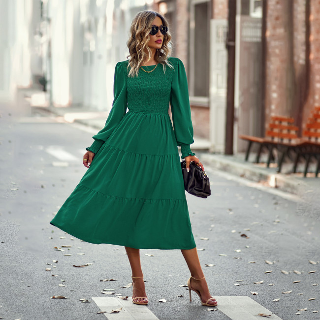 Casual Neck Waist Solid Long Sleeves Round Neck High Waist Midi Dresses