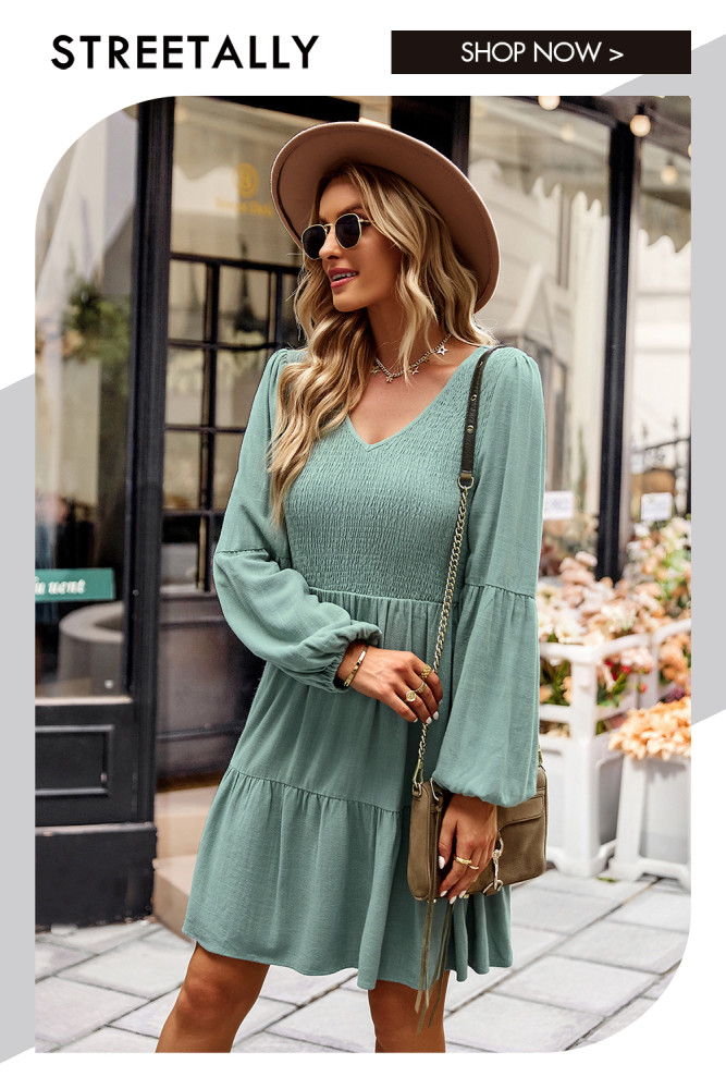 V-Neck Solid Color Long Sleeve Cotton Linen A-Line Casual Dresses