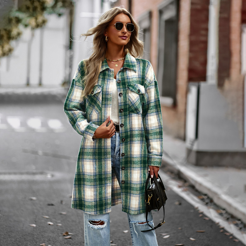 Temperament Long Plaid Lapel Loose Casual Trench Coats