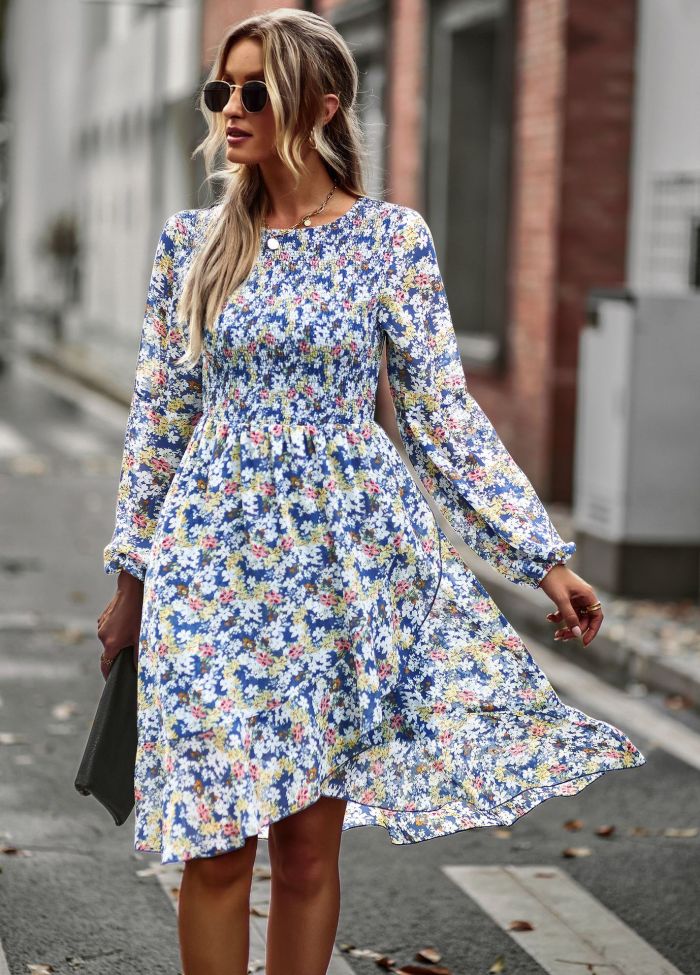 Printed Crew Neck U Neck High Waist A-Line Casual Dresses