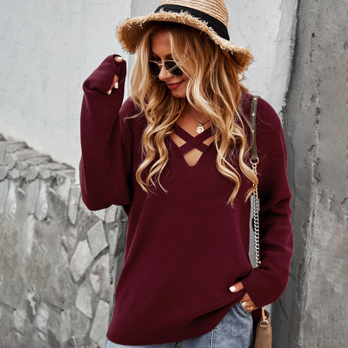 Solid Color Long Sleeve V-Neck Sexy Top Sweaters & Cardigans