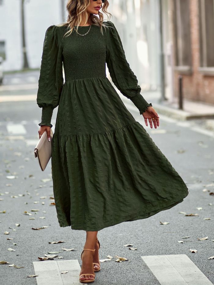 Fashion Swing Solid Color Long Sleeves Round Neck High Waist Maxi Dresses