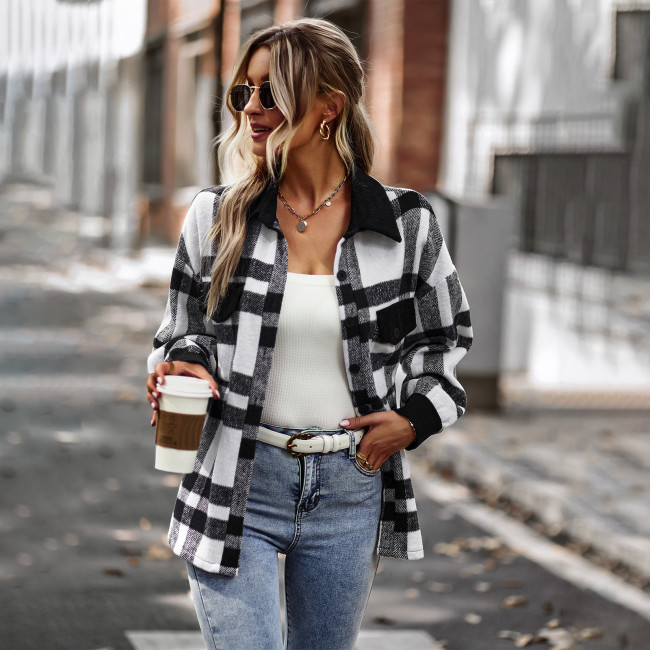 Casual Plaid Reversible Brushed Lapel Single Breasted Coats