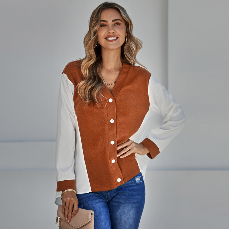 Casual V-Neck Contrasting Color Patchwork Elegant Blouses & Shirts