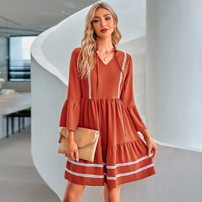 Casual Solid Color V-Neck Webbing A-Line Fashion Casual Dresses
