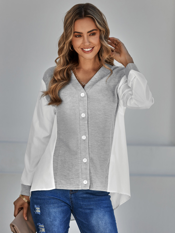 Casual V-Neck Contrasting Color Patchwork Elegant Blouses & Shirts