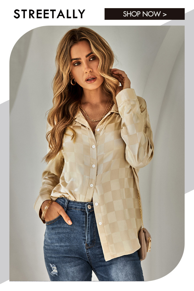 Casual Check Jacquard Lapel Fashion Solid Blouses & Shirts
