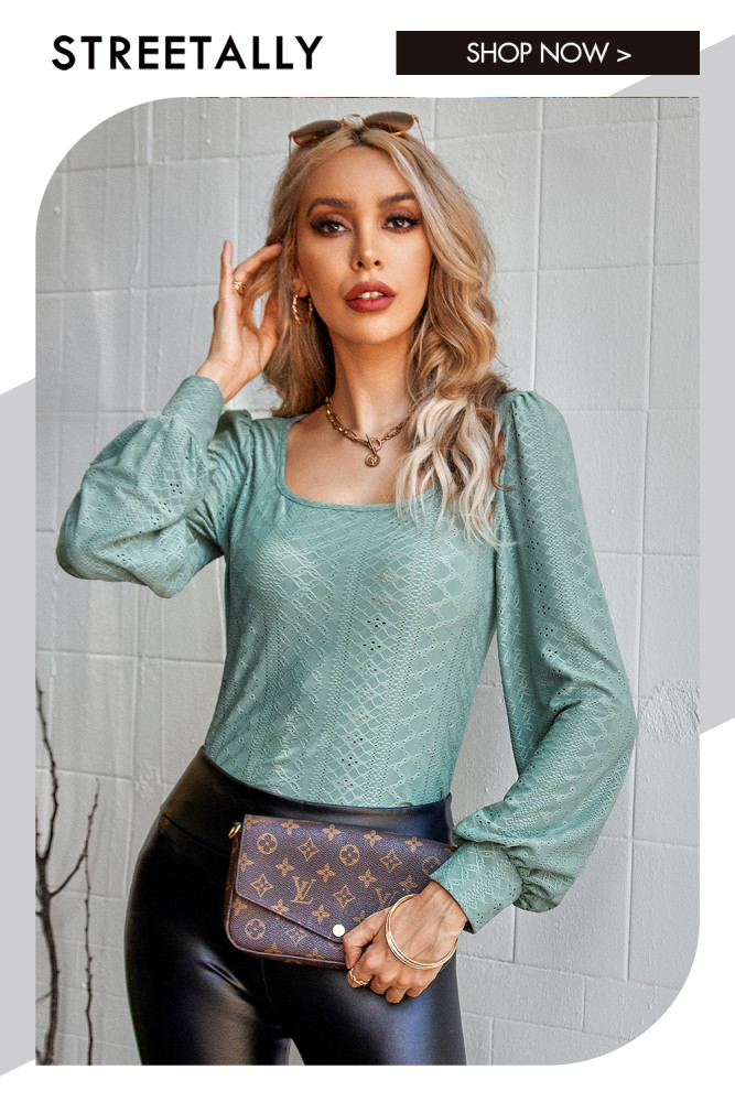 Fashion Solid Color U Neck Cutout Lantern Sleeves Blouses & Shirts