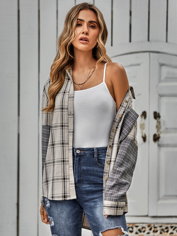 Casual Single Breasted Check Panel Loose Blouses & Shirts