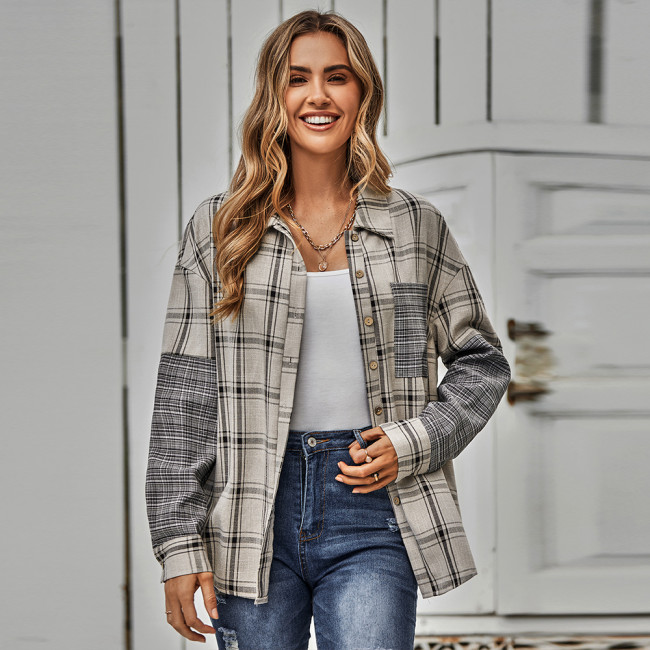 Casual Single Breasted Check Panel Loose Blouses & Shirts