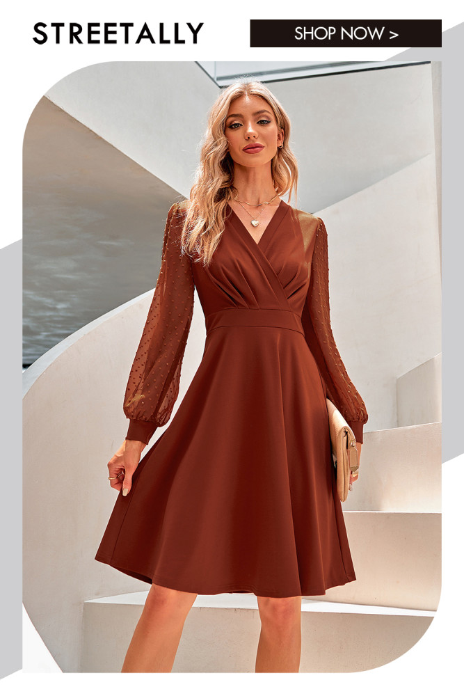 V-Neck Solid Jacquard Elegant Long Sleeve Casual Dresses