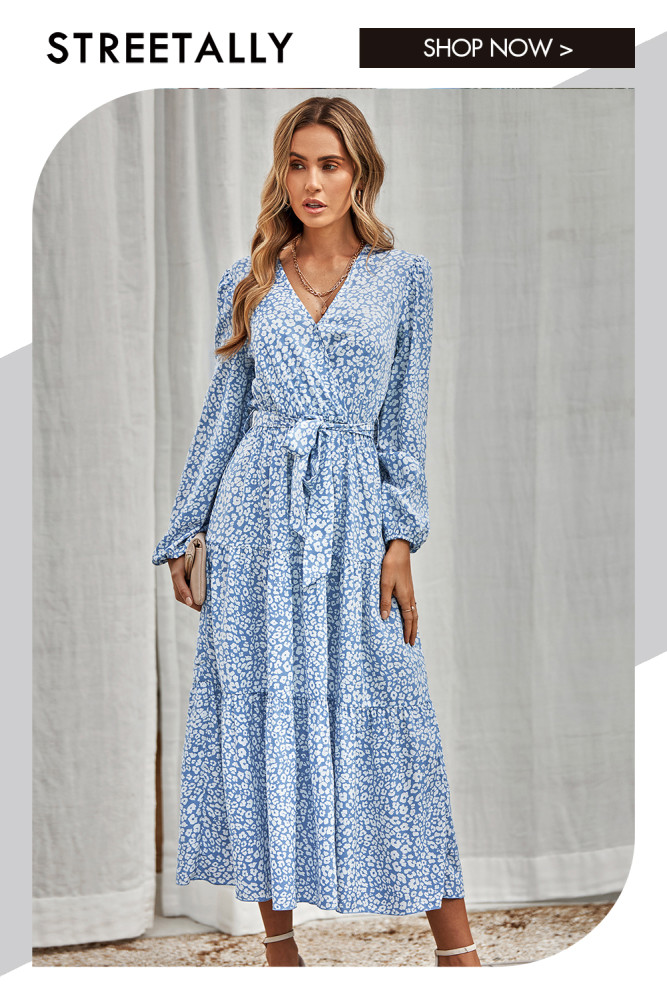 Casual Long Sleeve Tie Waist Print Maxi Dresses