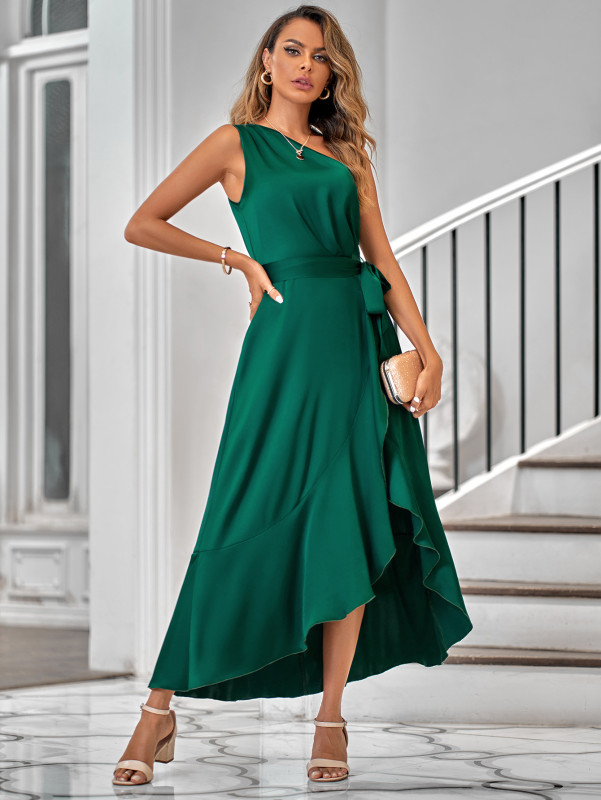 Temperament Fashionable Shoulder Solid Color Maxi Dresses