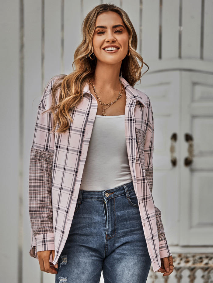 Casual Single Breasted Check Panel Loose Blouses & Shirts