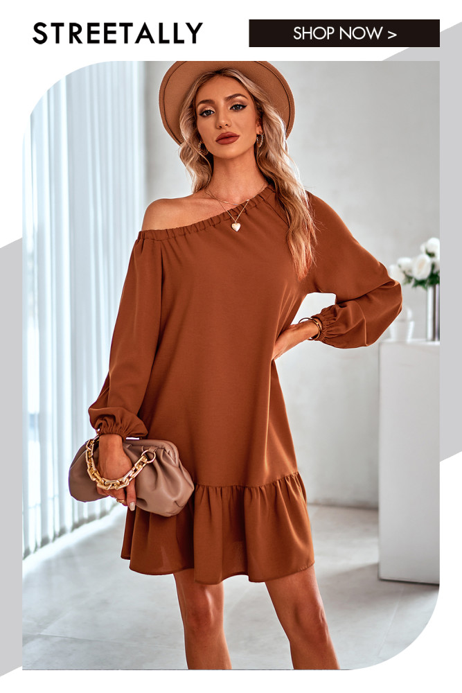 Solid Color Long Sleeve Off-the-Shoulder Elegant Casual Dresses