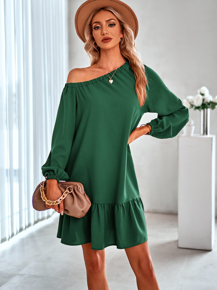 Solid Color Long Sleeve Off-the-Shoulder Elegant Casual Dresses