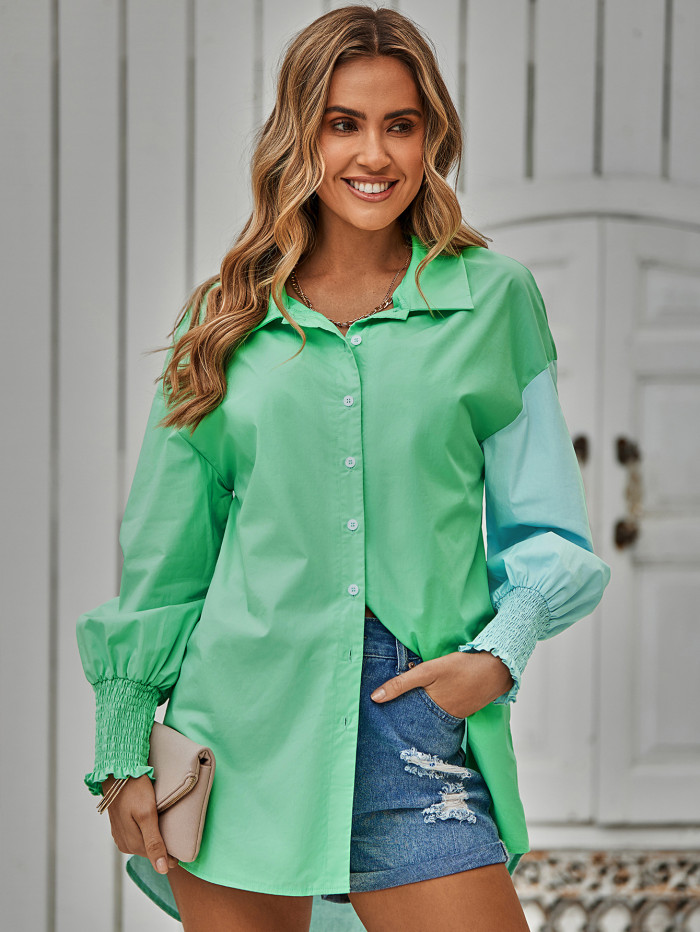 Fashion Single Breasted Casual Contrast Lapel Loose Blouses & Shirts