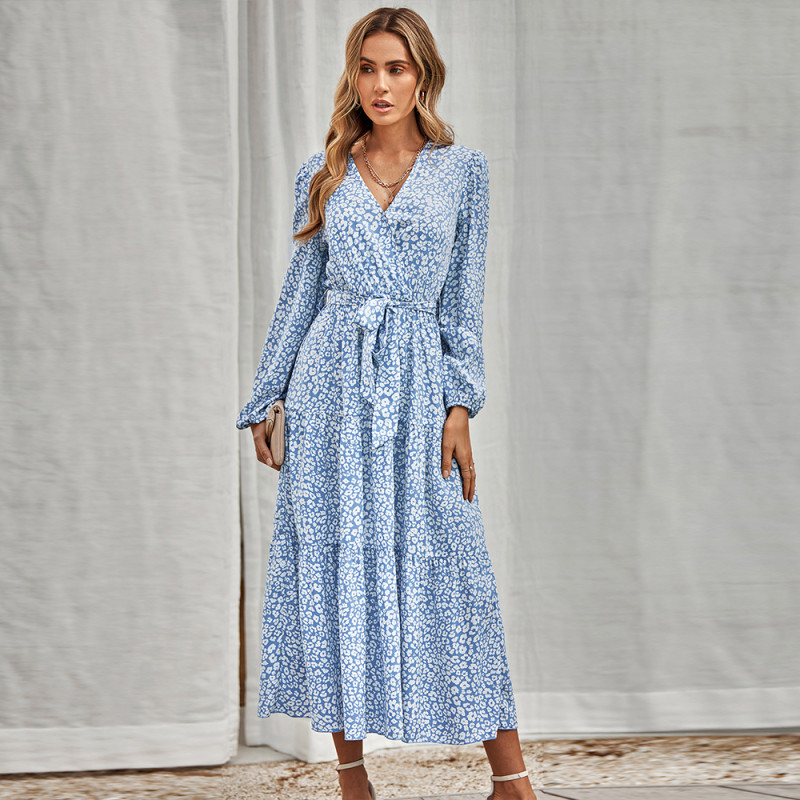 Casual Long Sleeve Tie Waist Print Maxi Dresses