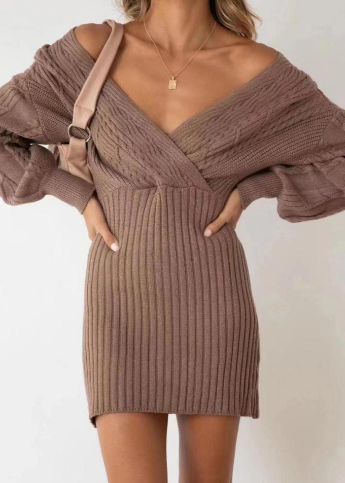 Hemp Pattern V-Neck Thickened Slim Fit Slim Hips Sweater Dresses
