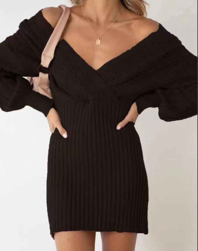 Hemp Pattern V-Neck Thickened Slim Fit Slim Hips Sweater Dresses