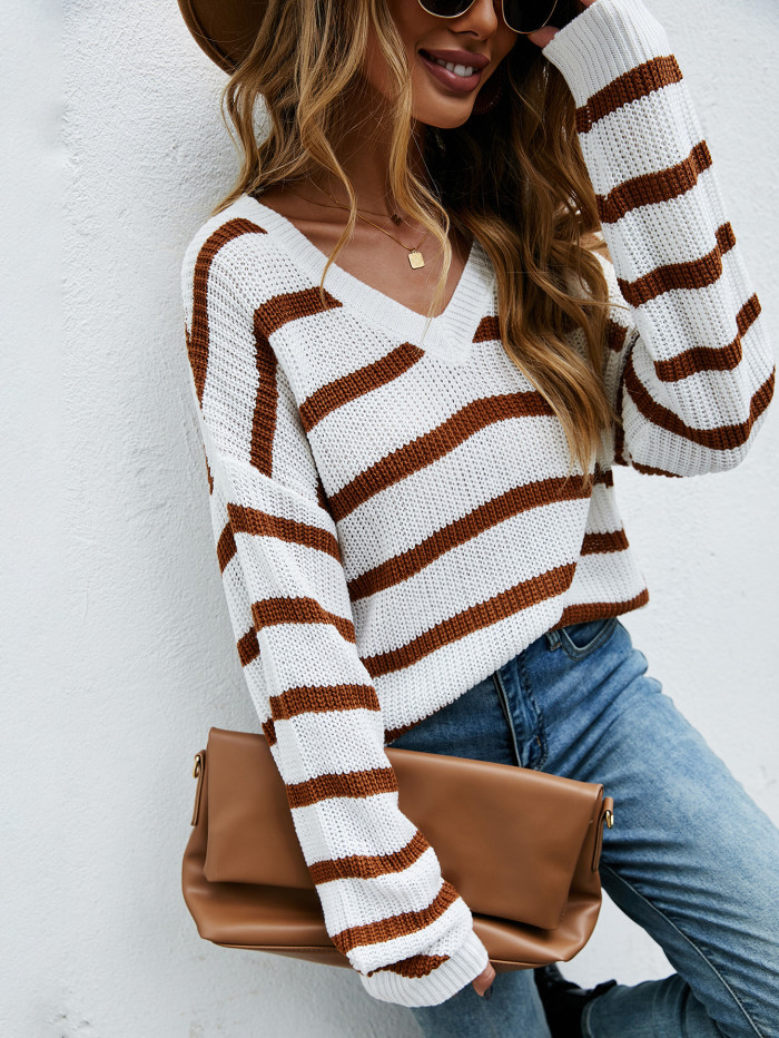 Striped Contrast V-Neck Loose Casual Sweaters & Cardigans