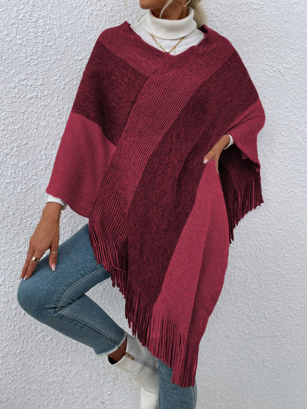 Trendy Stripes Contrast Fringe Casual Check Elegant Capes