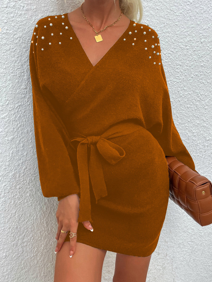 V-Neck Beaded Solid Color Slim Fit and Elegant Sweater Dresses