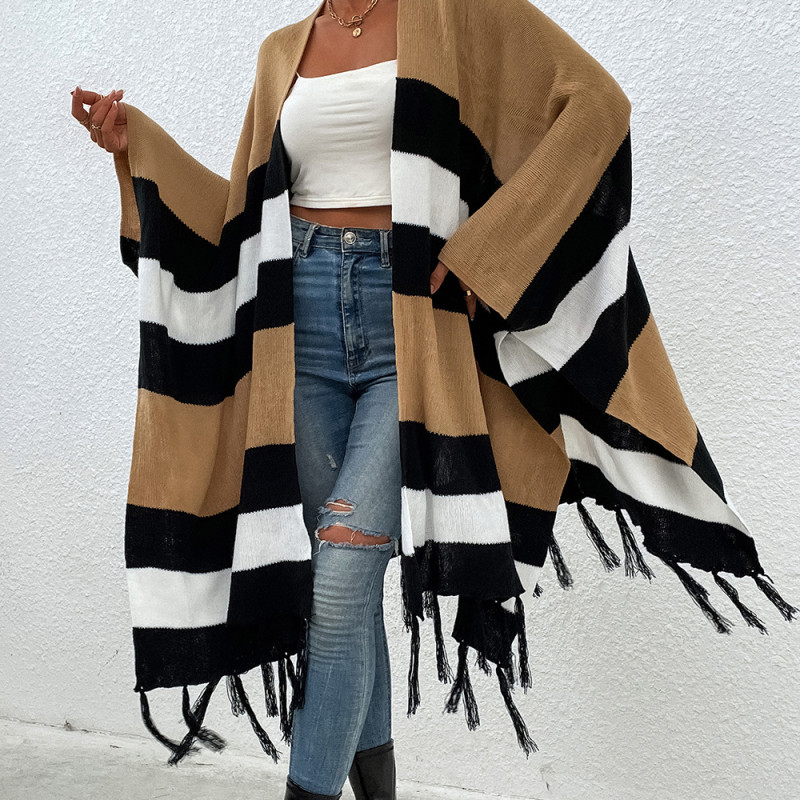 Loose Stripes Contrasting Fringe Sleek and Elegant Shawls and Wraps