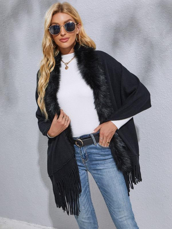 Light Luxury Fur Collar Fringed Elegant Solid Color Shawls and Wraps