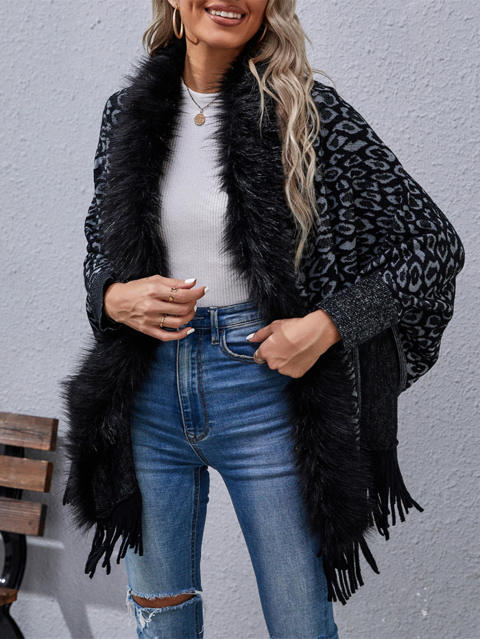 Leopard Fur Collar Knitted Elegant And Stylish Capes