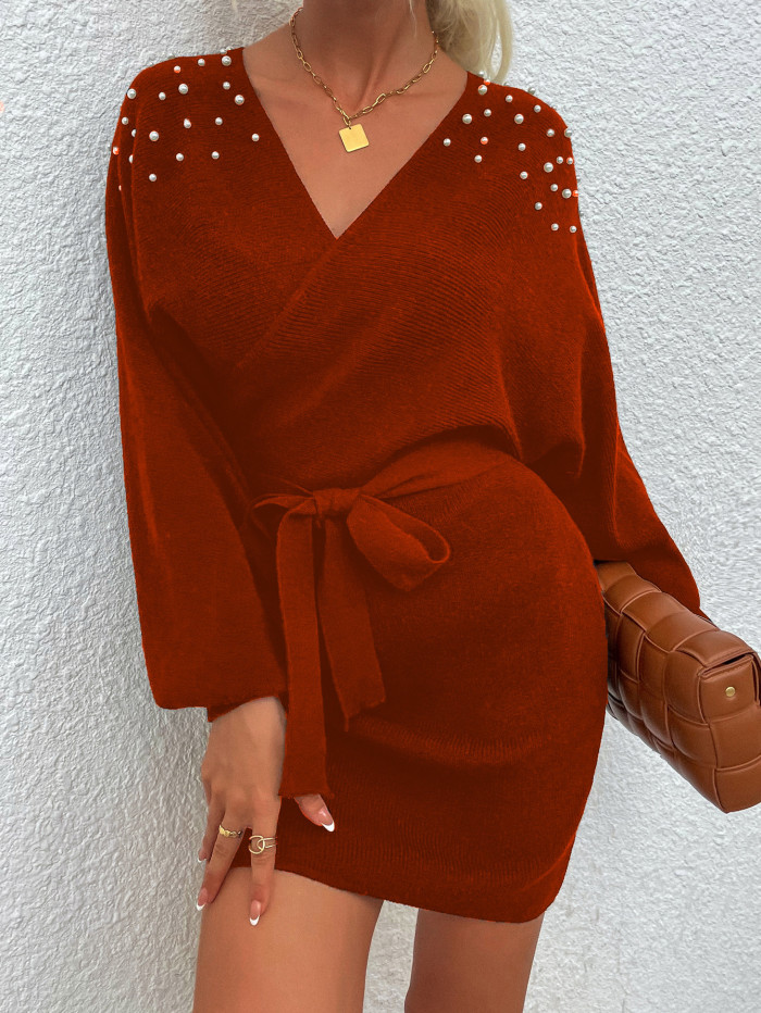 V-Neck Beaded Solid Color Slim Fit and Elegant Sweater Dresses