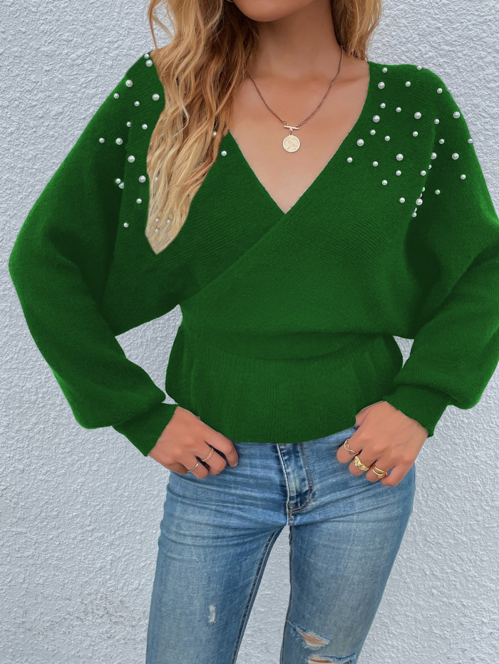 V-Neck Beaded Pullover Doll Sleeves Loose Sweaters & Cardigans