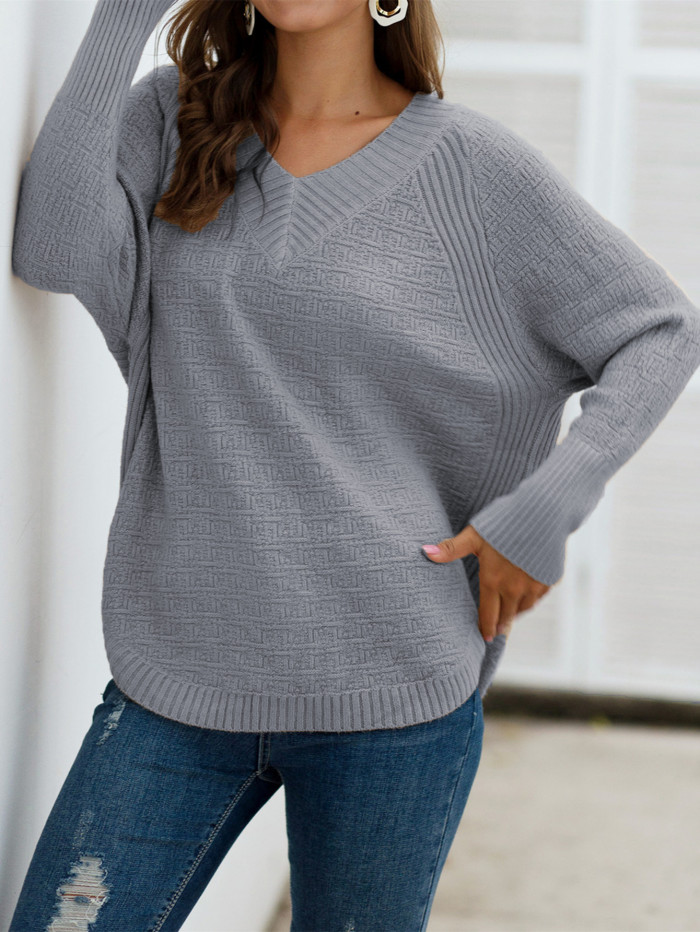 Irregular Loose V-Neck Pullover Solid Sweaters & Cardigans