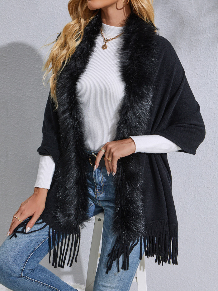 Light Luxury Fur Collar Fringed Elegant Solid Color Shawls and Wraps